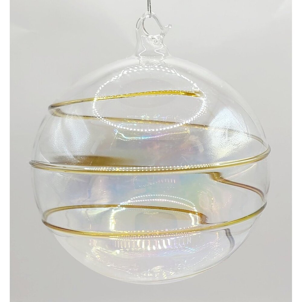 VTG Silvestri Hand Blown Glass Ornament Iridescent Globe Gold Swirl Christmas